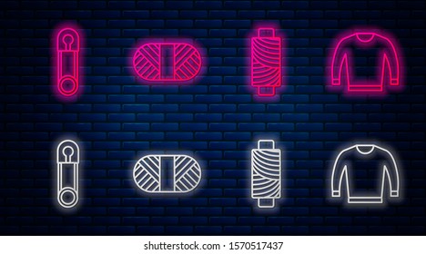 Set line Sewing thread on spool, Sewing thread on spool, Classic closed steel safety pin and Sweater. Glowing neon icon on brick wall. Vector