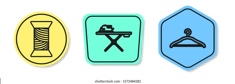 Set line Sewing thread on spool, Electric iron and ironing board and Hanger wardrobe. Colored shapes. Vector