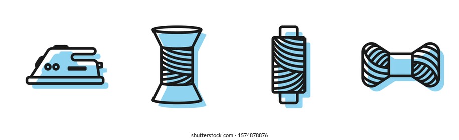 Set line Sewing thread on spool, Electric iron, Sewing thread on spool and Sewing thread on spool icon. Vector