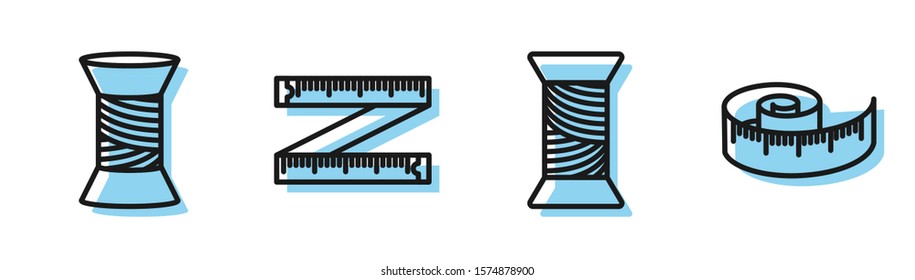 Set line Sewing thread on spool, Sewing thread on spool, Tape measure and Tape measure icon. Vector