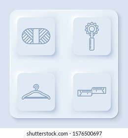 Set line Sewing thread on spool, Cutter tool, Hanger wardrobe and Tape measure. White square button. Vector