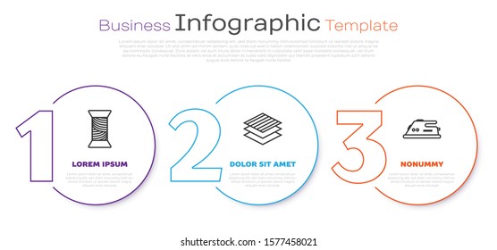 Set line Sewing thread on spool, Textile fabric roll and Electric iron. Business infographic template. Vector
