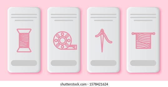 Set line Sewing thread on spool, Tape measure, Needle for sewing with thread and Knitting. White rectangle button. Vector