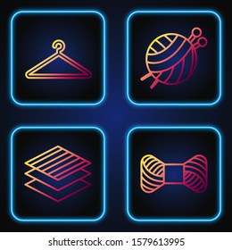 Set line Sewing thread on spool, Textile fabric roll, Hanger wardrobe and Yarn ball with knitting needles. Gradient color icons. Vector