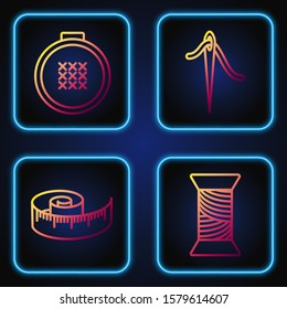 Set line Sewing thread on spool, Tape measure, Round adjustable embroidery hoop and Needle for sewing with thread. Gradient color icons. Vector