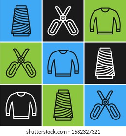 Set line Sewing thread on spool, Sweater and Scissors icon. Vector