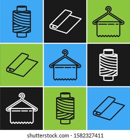 Set line Sewing thread on spool, Hanger wardrobe and Textile fabric roll icon. Vector