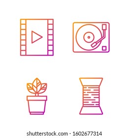 Set line Sewing thread on spool, Flowers in pot, Play Video and Vinyl player with a vinyl disk. Gradient color icons. Vector