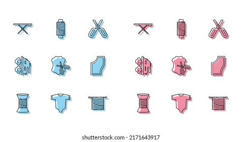 Set line Sewing thread on spool, Baby clothes, Ironing board, Knitting, Scissors and leather, Pattern, Electric iron and  icon. Vector