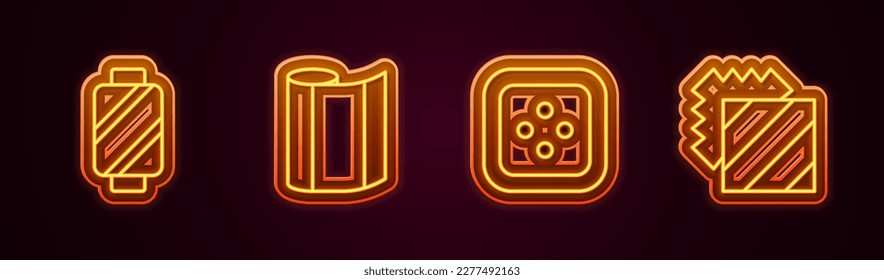 Set line Sewing thread on spool, Textile fabric roll, button for clothes and Layers clothing textile. Glowing neon icon. Vector