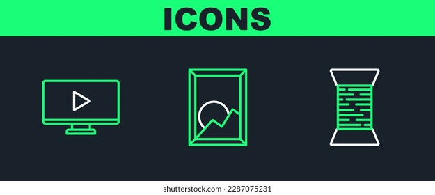 Set line Sewing thread on spool, Online play video and Picture landscape icon. Vector