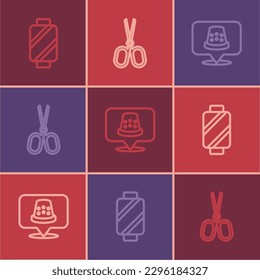 Ajuste el hilo de coser de línea en la plataforma, el icono de Ligero para coser y las tijeras. Vector