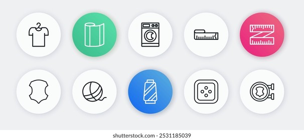 Definir linha Linha de costura no carretel, Fita medida, Couro, botão para roupas, Lavadora, e ícone de bola de fio. Vetor