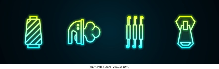 Set line Sewing thread on spool, Electric iron, Crochet hook and Zipper. Glowing neon icon. Vector