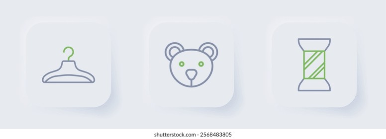 Set line Sewing thread on spool, Teddy bear plush toy and Hanger wardrobe icon. Vector