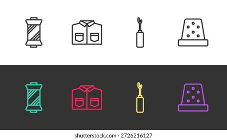 Set line Sewing thread on spool, Shirt, Awl tool and Thimble for sewing on black and white. Vector