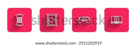 Set line Sewing thread on spool, Picture landscape, Gamepad and Online play video with long shadow. Red square button. Vector