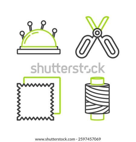 Set line Sewing thread on spool, Textile fabric roll, Scissors and Needle bed and needles icon. Vector