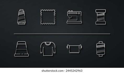 Set line Sewing thread, Thimble for sewing, Textile fabric roll, Sweater, Leather,  and machine icon. Vector