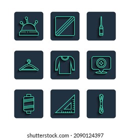 Set line Sewing thread, Triangular ruler, Yarn, Awl tool, Sweater, Hanger wardrobe, Needle bed and needles and Location tailor shop icon. Vector