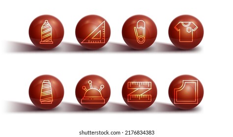 Set line Sewing thread, T-shirt, Tape measure, Needle bed and needles, Triangular ruler, Pattern and Safety pin icon. Vector