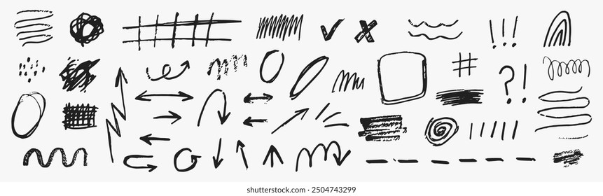 Set of line shape marker underline, arrow. Hand drawn sketch marker underline shape, arrow, scribble brush pen stroke element. graphic clip art, vector illustration 