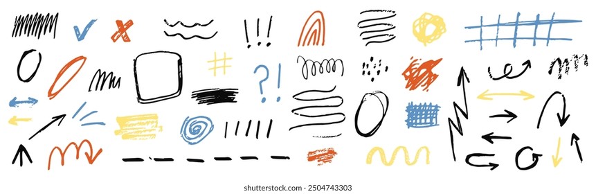 Set of line shape marker underline, arrow. Hand drawn sketch marker underline shape, arrow, scribble brush pen stroke element. graphic clip art, vector illustration 