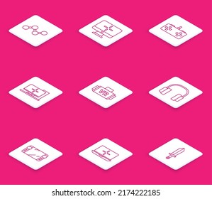 Set line Share, Computer monitor, Gamepad, Virtual reality glasses, Headphones, Portable video game console and Laptop icon. Vector