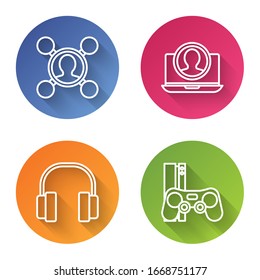 Set line Share, Create account screen, Headphones and Game console with joystick. Color circle button. Vector