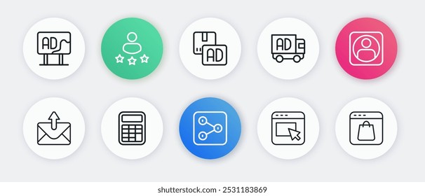 Definir linha Compartilhar, tela Criar conta, E-mail e e-mail, Publicidade, no caminhão, Compras on-line e ícone Calculadora. Vetor