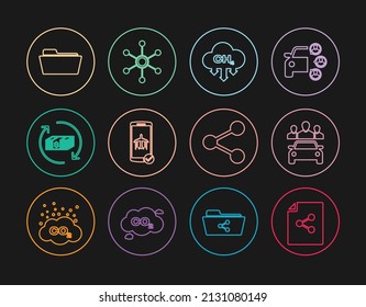 Legen Sie das Symbol für die Freigabe der Zeile, die gemeinsame Nutzung von Fahrzeugen, die Verringerung der Methanemissionen, den Flugmodus für das Handy, die Rückerstattung von Geld, Ordner und Netzwerk fest. Vektorgrafik