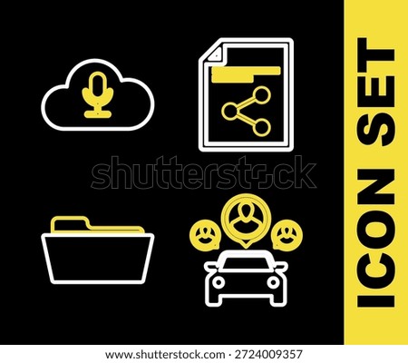 Set line Share file, Car sharing, Folder and Music streaming service icon. Vector