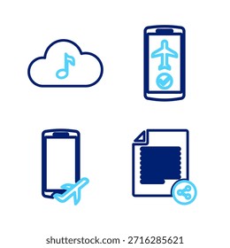 Set line Share file, Flight mode in the mobile,  and Music streaming service icon. Vector