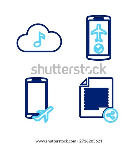 Set line Share file, Flight mode in the mobile,  and Music streaming service icon. Vector