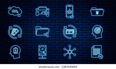 Set line Share file, Head hunting concept, Flight mode the mobile, folder, Refund money, Methane emissions reduction,  and Car sharing icon. Vector