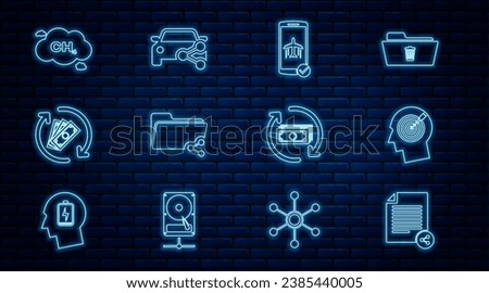 Set line Share file, Head hunting concept, Flight mode the mobile, folder, Refund money, Methane emissions reduction,  and Car sharing icon. Vector