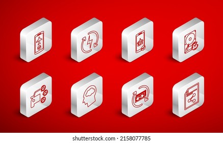 Set line Share file, Recharging, Flight mode the mobile, Hard disk drive with clockwise, Refund money, Head silhouette cloud and Car sharing icon. Vector