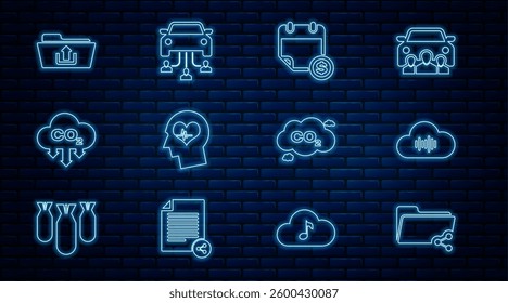 Set line Share folder, Music streaming service, Financial calendar, Head with heartbeat, CO2 emissions cloud, Folder upload,  and Car sharing icon. Vector