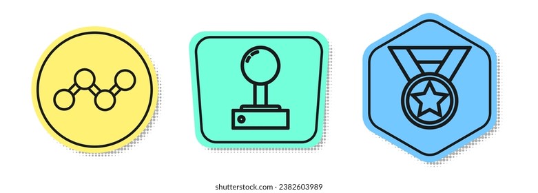 Ajuste la línea Share, Joystick para la máquina de arcade y Medal. Formas coloreadas. Vector