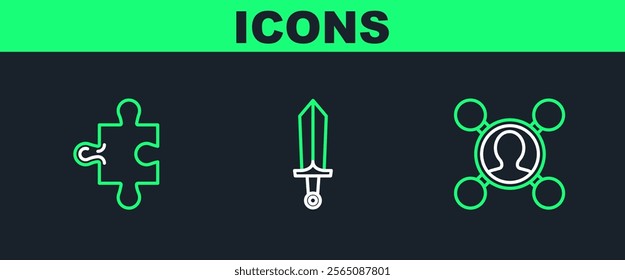 Set line Share, Piece of puzzle and Sword for game icon. Vector