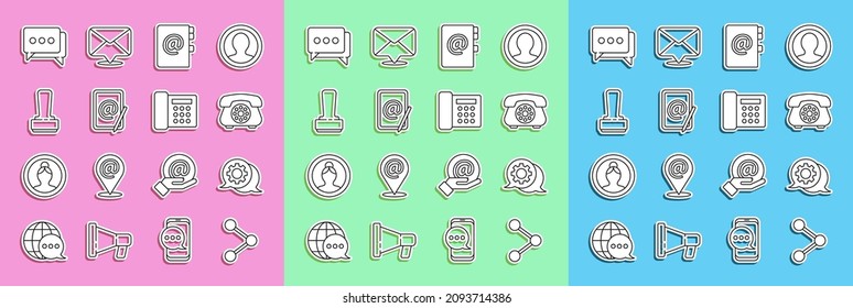 Set line Share, Speech bubble chat, Telephone, Address book, Mail and e-mail, Stamp,  and  icon. Vector