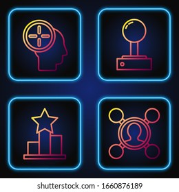 Set line Share, Star, Head hunting concept and Joystick for arcade machine. Gradient color icons. Vector