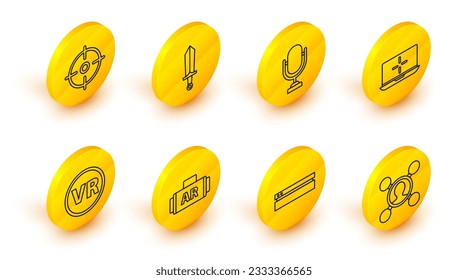 Establecer línea Share, consola de videojuegos, Ar, realidad aumentada, gafas virtuales, laptop, micrófono, espada para y icono deportivo Target. Vector