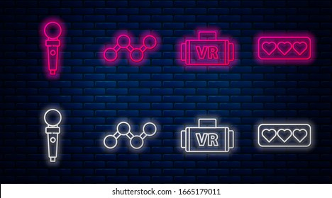 Set line Share, Virtual reality glasses, Joystick for arcade machine and Like and heart. Glowing neon icon on brick wall. Vector