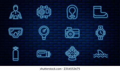 Set line Shark, Diving watch, Life jacket, Gauge scale, mask, Wetsuit for scuba diving, Photo camera diver and  icon. Vector