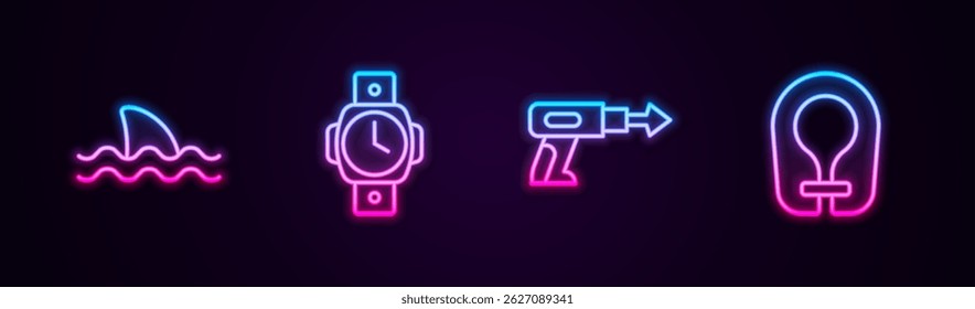 Set line Shark, Diving watch, Fishing harpoon and Life jacket. Glowing neon icon. Vector