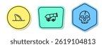 Set line Shark fin in ocean wave, Cannon and Skull. Colored shapes. Vector