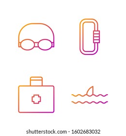 Set line Shark fin in ocean wave, First aid kit, Glasses and cap for swimming and Carabiner. Gradient color icons. Vector