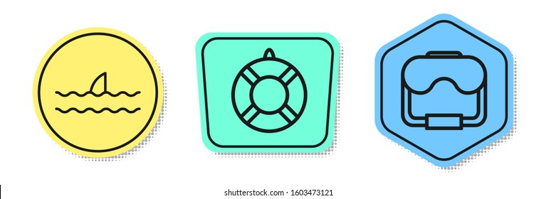 Set line Shark fin in ocean wave, Lifebuoy and Diving mask. Colored shapes. Vector