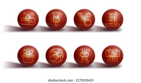 Set line Shark fin in ocean wave, Ice bucket, Beach shower, Barbecue grill, ball, cream, Air conditioner and Meteorology thermometer icon. Vector